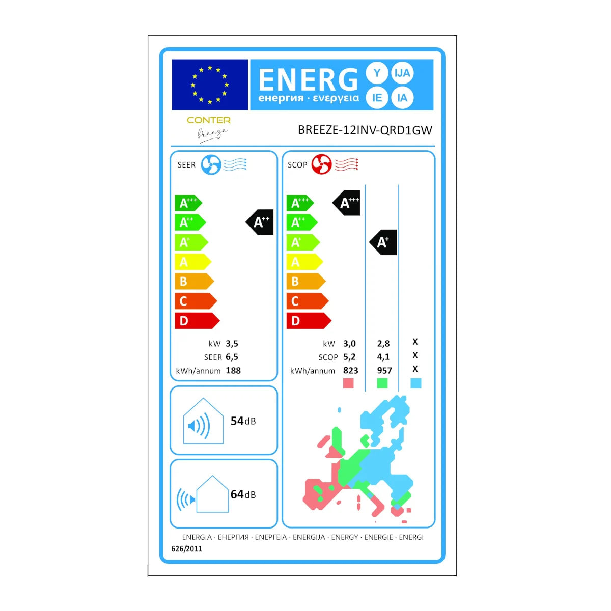Aparat aer conditionat Conter Breeze, 12000 BTU, Wi-Fi Control, inverter, Clasa A++, functii Self cleaning, Follow me, Sleep mode, alb