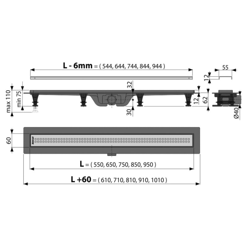 Rigola dus cu gratar din otel inoxidabil, Alcadrain APZ9 Simple, 75 cm